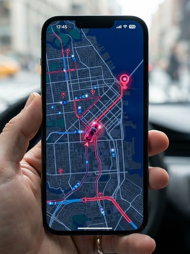 Close-up of a modern smartphone displaying a real-time vehicle tracking map interface, high-contrast daylight, crisp technical detail