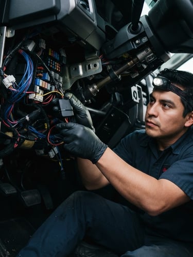 Close-up of a professional technician installing a GPS tracking device under a vehicle dashboard, high-contrast technical lighting, 35mm lens