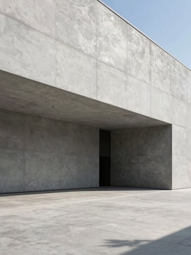 Wide-angle architectural shot of a modern concrete facade under sharp daylight shadows, showing a clean structural transformation, minimalist design.