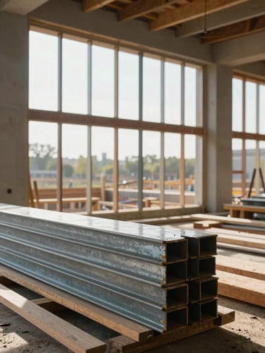 Wide environmental shot of a completed structural installation in a mid-construction building interior, natural daylight streaming through open wall framing, stacked steel profiles and lumber visible in the foreground, no people posed—honest worksite conditions