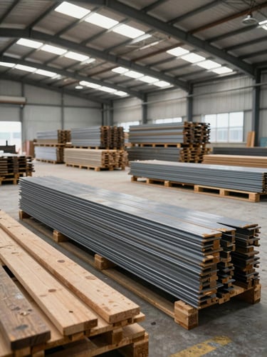 Wide environmental shot of a construction warehouse interior, pallets of building materials stacked in organized rows under natural daylight from industrial skylights, close detail of bundled steel profiles and timber in the foreground, honest unlit conditions