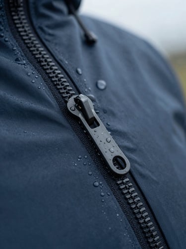 Close-up macro shot of weather-sealed zipper on deep slate technical fabric, water droplets beaded on surface, cool overcast daylight, sharp details