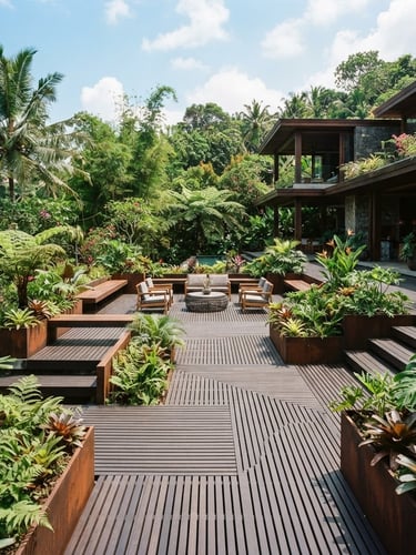 Architectural wide shot of a completed caillebotis terrace with custom corten steel planters, surrounded by lush tropical greens under bright natural daylight, crisp architectural photography, 35mm.