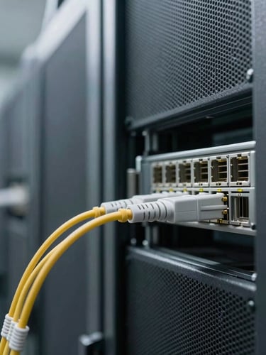 Macro detail of high-performance fiber optic connection in a secure data center, cool desaturated steel tones, sharp focus, architectural precision, diffused daylight, 35mm