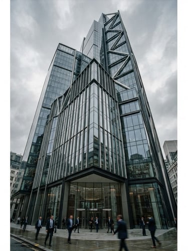 Cool architectural photography of a modern steel and glass financial headquarters in London, diffused overcast daylight, desaturated tones, 35mm