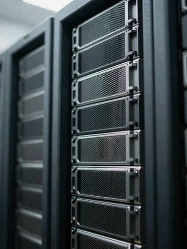 Macro detail of high-end server hardware, desaturated steel and glass tones, precise architectural shadows, sharp focus, 35mm