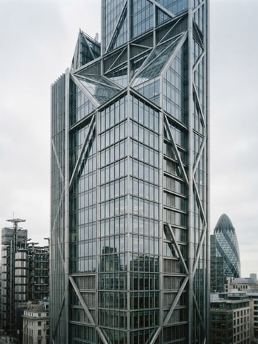 Cool architectural photography of a modern high-rise glass and steel financial headquarters in London, overcast daylight, desaturated steel and glass tones, sharp focus, 35mm