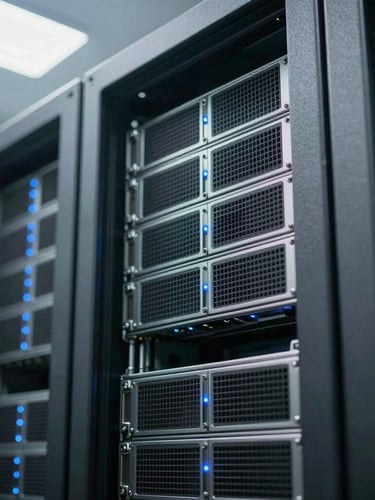 Macro detail of high-end server hardware in a secure data center, cool blue indicator lights, desaturated steel casing, precise architectural shadows, sharp focus, 35mm