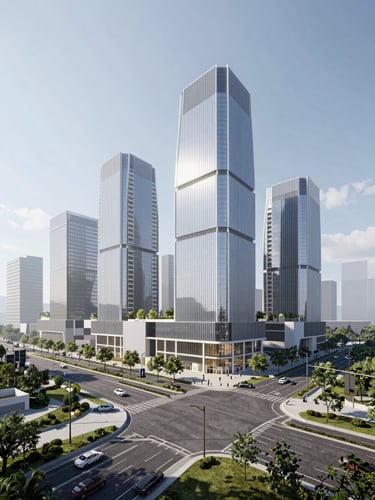 Crisp architectural rendering of Dholera Smart City's futuristic skyline and wide transit corridors, bright natural daylight, clean lines, professional 35mm photography