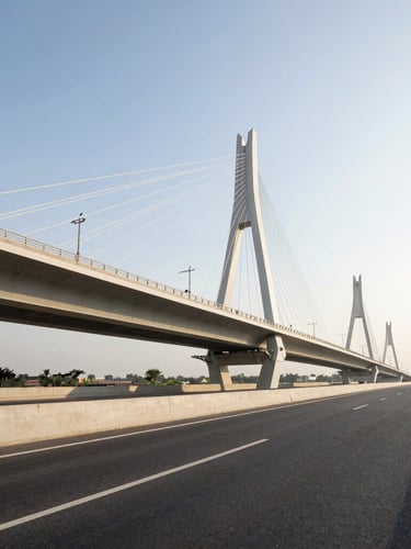 Wide-angle architectural photograph of a modern highway bridge and utility corridors under construction in Gujarat, bright golden hour light, high-contrast, professional 35mm