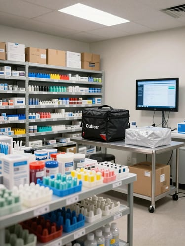 Wide shot of a clean franchise warehouse interior — organized labeled shelving bins of dental materials in the foreground, a courier bag being packed on a steel table, a mobile app dashboard visible on a mounted tablet screen to the right, bright overhead fluorescent lighting, no people in frame
