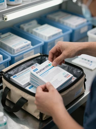 Close-up of hands efficiently packing a labeled dental supply order into a branded dispatch bag on a steel warehouse counter, organized inventory bins visible in the background, bright overhead warehouse fluorescent light, operational and unglamorous