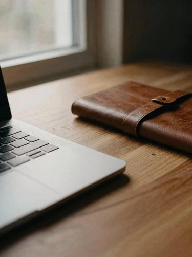 Tactile desk details with a high-end metal laptop, leather notebook, and directional window light casting soft, deep shadows, warm muted tones