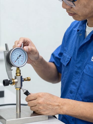 A professional technician wearing a clean blue branded uniform calibrating a digital pressure gauge on a high-spec stainless steel manifold, bright natural daylight.