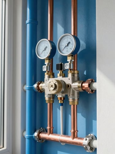 Clean environmental shot of a modern high-rise utility room in Dubai, showcasing organized copper pipes and pressure gauges, crisp blue and metallic tones, bright daylight.