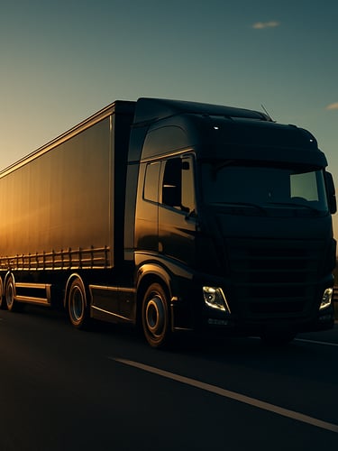 Cinematic editorial photo of a modern black fleet truck in motion on a clean European highway, low-sun golden hour light, sharp focus, 35mm