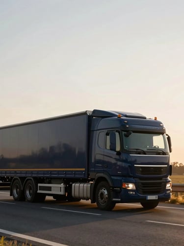 Cinematic side-view of a modern deep-navy transport truck driving along a clean European highway during golden hour, low-sun lighting, 35mm.