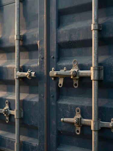 Close-up of secured shipping container locking mechanisms under high-contrast overcast daylight, metallic textures, professional and secure, 35mm.