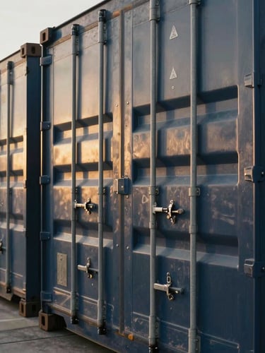 Cinematic editorial photograph of a modern high-tech logistics hub, crisp daylight, detailed crop of secure cargo locks and shipping containers, deep navy and gold tones.