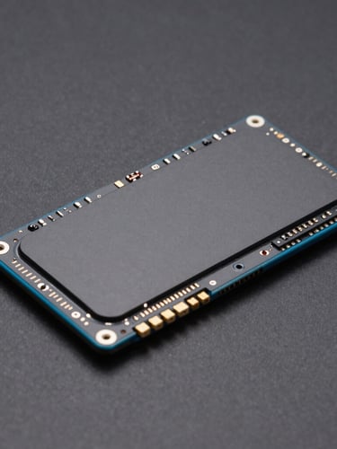 Macro shot of a high-performance solid state drive showing precise technical connectors and serial numbers, clean dark gray background, blue accent rim light