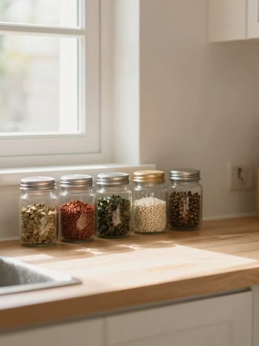A bright, warm kitchen counter with organized spice jars and natural light streaming through a window, shallow depth of field, editorial style