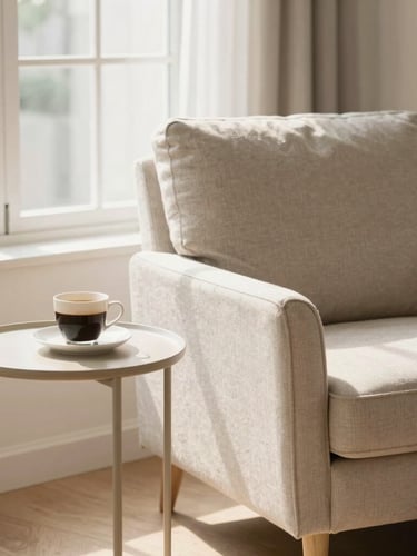 A cozy modern living room corner with a comfortable armchair, a neat side table holding a cup of coffee, and soft sunlight streaming through a window.