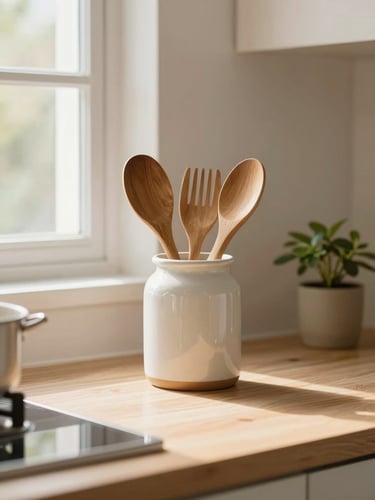 Warm editorial photography of a beautifully organized kitchen counter with soft morning light, wooden utensils in a ceramic jar, and a small green plant.