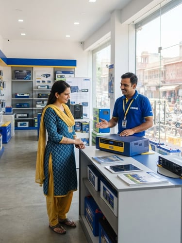 Brightly lit modern battery inverter showroom in Jaipur, clean and organized, with a friendly technician assisting a customer, wide shot, natural daylight, high-contrast blue and yellow tones, 35mm lens