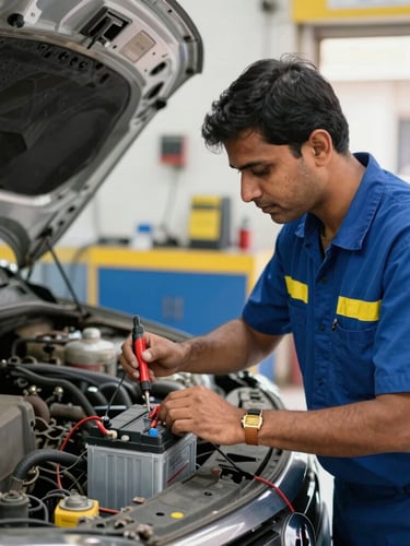 Medium shot of a professional technician in uniform testing an old car battery with a diagnostic tool, inside a clean, well-lit workshop in Jaipur, bright commercial photography, sharp focus, high-contrast blue and yellow tones.