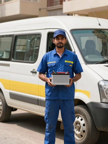 Professional technician in a branded uniform standing next to a service van in a residential area of Jaipur, holding a battery, bright natural daylight, focus on technician and van, 35mm lens, portrait aspect