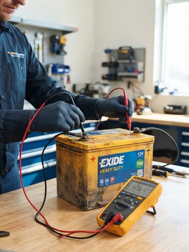 Professional technician in a clean workshop testing a heavy-duty lead-acid battery with a voltmeter, focus on hands and battery, bright natural daylight, high-contrast blue and yellow tones, 35mm lens.