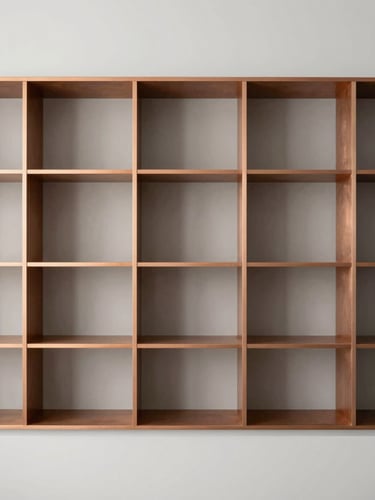 Architectural rendering of a modular organization grid within a clean kitchen space, soft diffused studio light, desaturated slate and warm copper tones, architectural framing, 50mm lens, emphasis on structural lines and order.