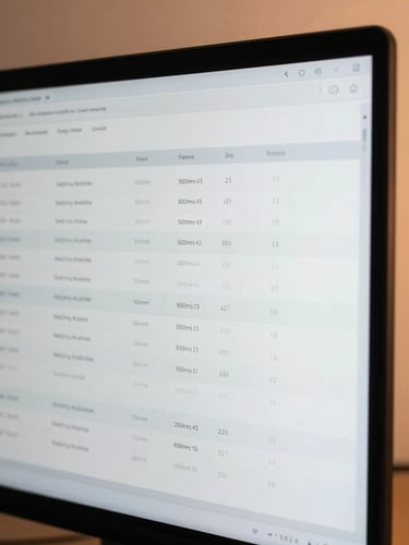 Close-up of a structured analysis UI on a monitor, displaying hardware specifications and comparison elements, clean studio light, desaturated slate and warm copper tones, architectural framing, 50mm lens, focus on data clarity.
