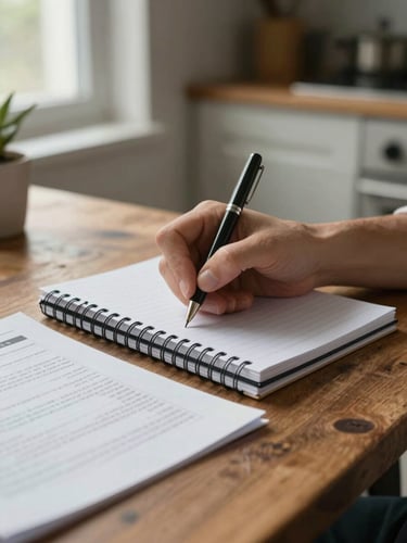Close-up medium shot of a person's hands writing in a spiral notebook on a kitchen table, a printed medical document partially visible beside the notebook, natural overcast window light falling from the left, ink pen mid-stroke, worn wood grain of the table visible at the edges