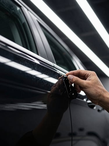 Close-up of a detailing technician inspecting a car door panel under bright white parallel LED light bars, showing perfect reflection