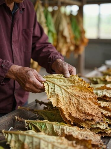 A close-up of a farmer inspecting cured golden-brown tobacco leaves inside a traditional curing barn, soft natural light, shallow depth of field, high-contrast.