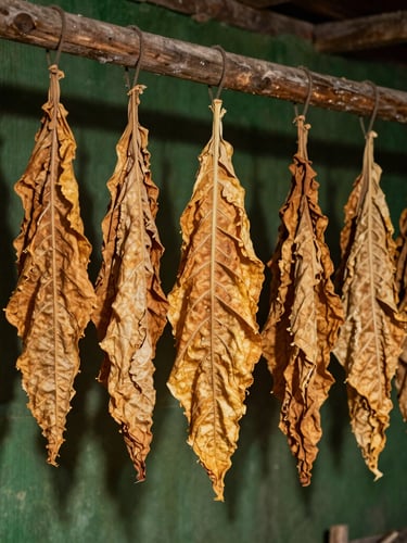 Close-up of golden-brown cured Burley tobacco leaves drying in a rustic wooden barn, soft Scandinavian daylight casting long shadows, high-contrast agricultural editorial style.
