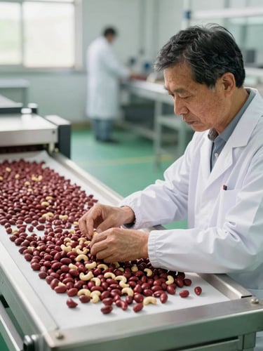An agricultural inspector in a clean, sunlit facility examining raw Indian cashews on a modern sorting table, soft Scandinavian daylight, shallow depth of field