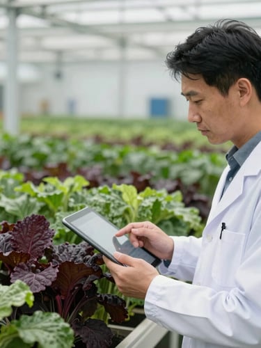 A professional agricultural inspector in a clean modern facility reviewing crop quality on a digital tablet, soft side lighting