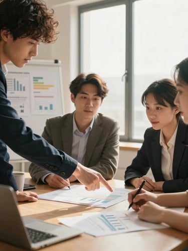 Warm editorial photography of a dynamic corporate workshop, young professionals collaborating around a wooden table with charts, natural window light, deep charcoal and soft gold tones, 35mm lens, focused on hands pointing to a board