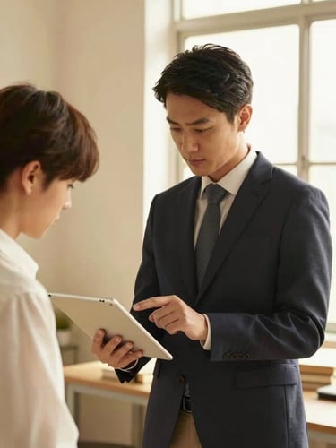 Warm editorial portrait of a professional supervisor in a structured corporate environment, pointing at a tablet screen while explaining a process to a young apprentice, natural light, soft gold tones, 35mm lens.