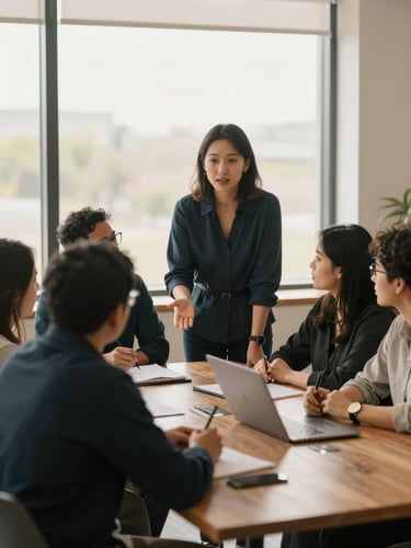 Professional collaborative setting with warm natural window light, an educator guiding a structured team meeting over a table, deep charcoal tones.