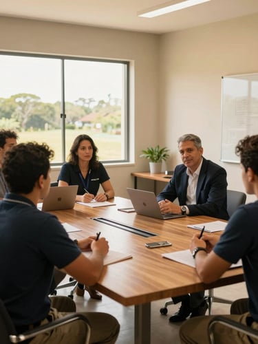 Wide environmental shot of a modern training workspace in Brazil, natural window light illuminating a structured team discussion around a wooden table, professional and warm.