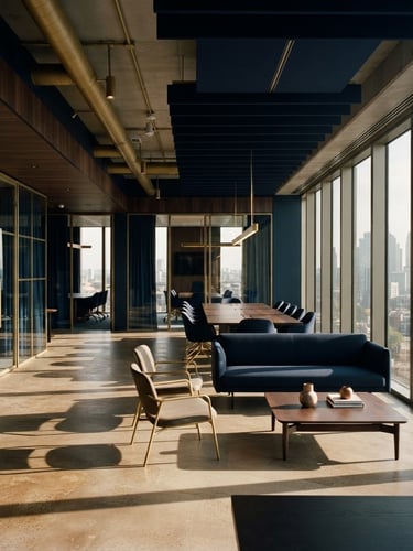 Wide panoramic office interior with modern architectural details, strong directional window light creating sharp shadows, deep navy and matte gold tones, no people, 35mm