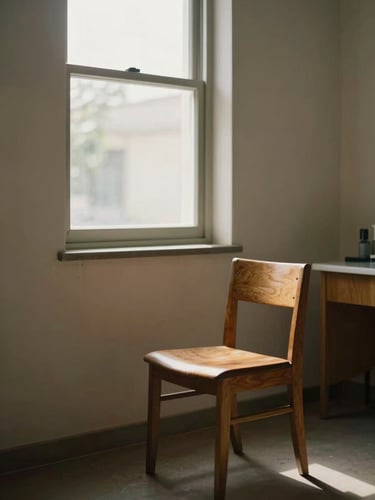 Portrait of a serene, sunlit consultation room in Argentina, soft natural light filtering through a tall window, a single warm wooden chair, muted earth tones, shallow depth of field, authentic clinical setting