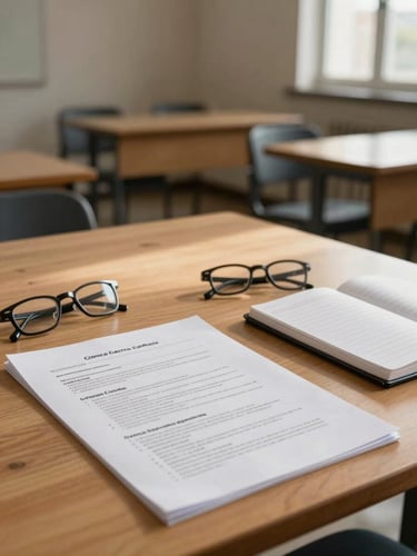 A quiet, sunlit university seminar room in Argentina, a wooden table with printed clinical protocols, glasses, and a notebook, soft natural light, warm editorial photography