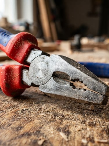 Extreme close-up of a rugged red and blue EMTOP combination pliers, high-contrast workshop lighting, steel jaws catching bright daylight, sawdust on a wood workbench.