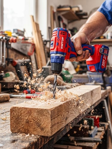 Action shot of a vibrant red and blue EMTOP cordless drill drilling into thick timber, wood shavings flying, bright workshop daylight