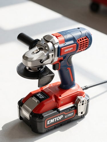 A sleek 20V EMTOP battery pack clicking into a cordless angle grinder, bright workshop daylight, high-contrast, sharp industrial details.