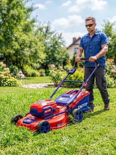 A bright, high-contrast outdoor scene of a person using a red and blue EMTOP cordless lawnmower on a lush green lawn, bright daylight, sharp industrial details